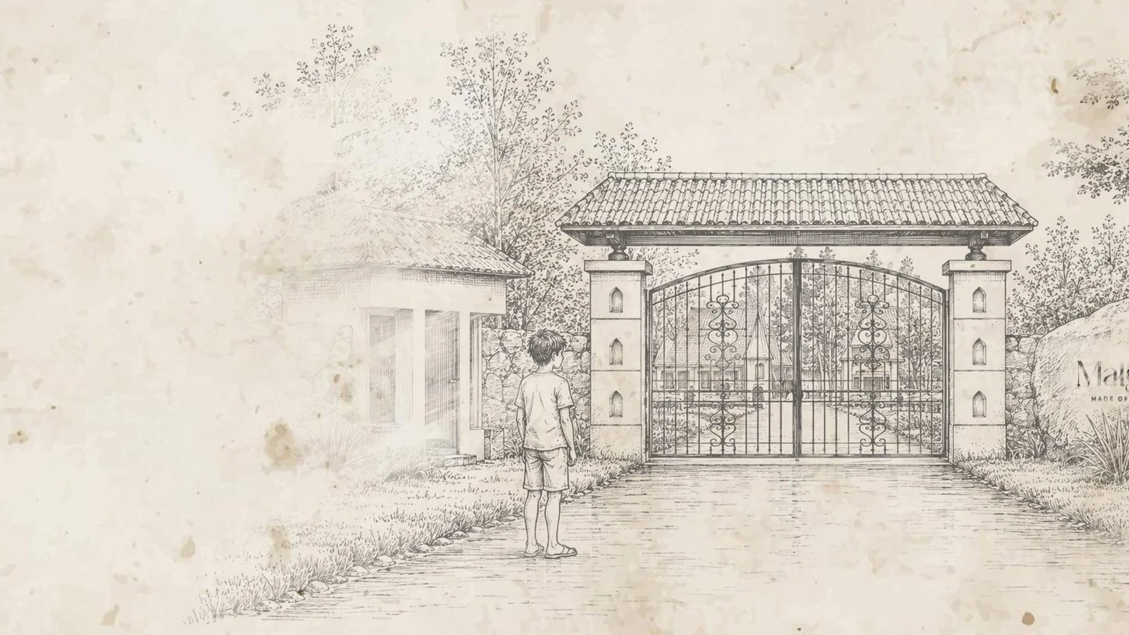 Malgoodi, an illustration of a boy at the gates of a small town